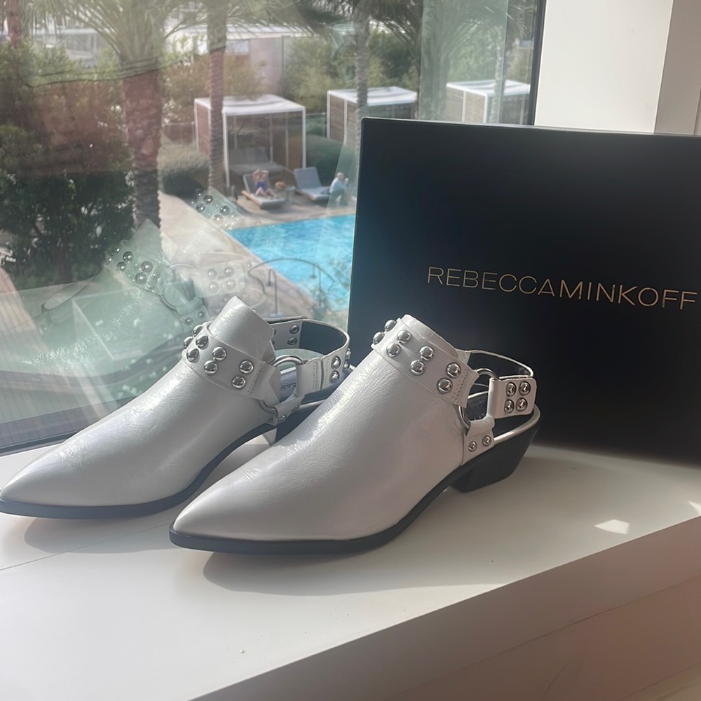 White studded Rebecca Minkoff sling back Booties